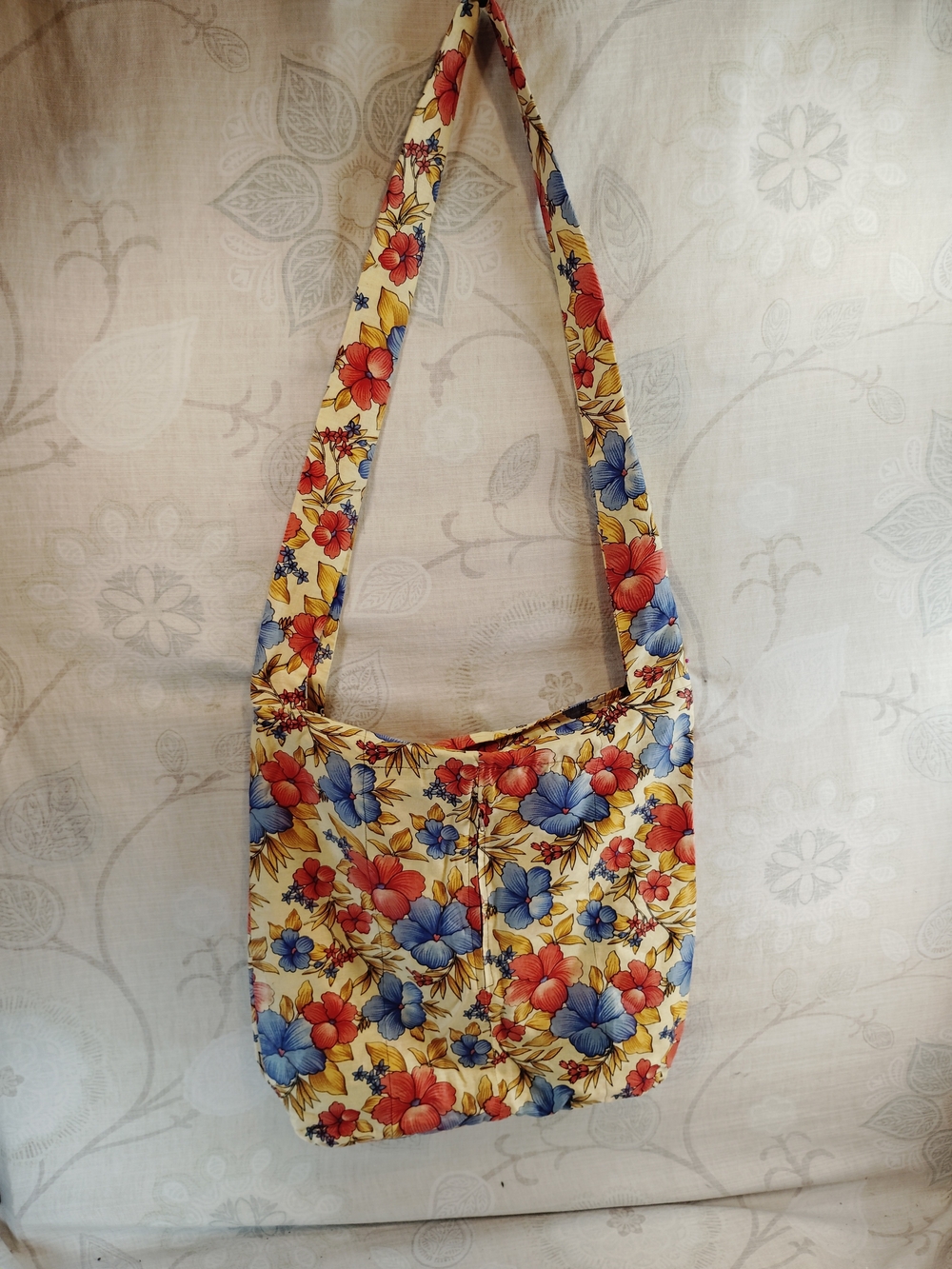 Floral Yellow Nylon Hobo Bag - Blue & Red Flower Print